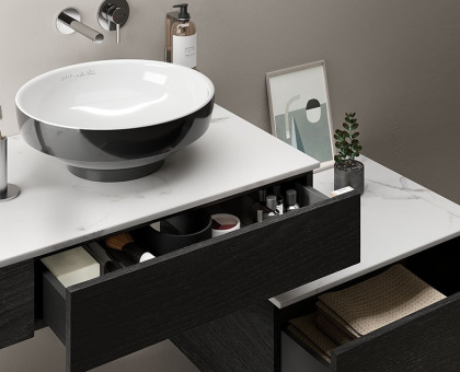 Модуль 90 см под раковину с выдвижным ящиком, левосторонний, черный дуб