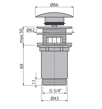Донный клапан сифона для умывальника CLICK/CLACK 5/4", цельнометаллический с переливом и большой заглушкой, GOLD-глянец
