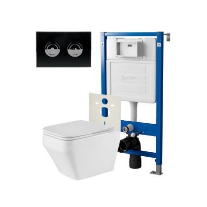 Сет: Система инсталляции пневматическая Point Элемент П для подвесного унитаза PN45121 + Клавиша смыва для пневматической инсталляции Point Венера, установка в стену, черный/хром, PN44072BC + Унитаз подвесной Point Аврора PN41101 безободковый, белый, сиде