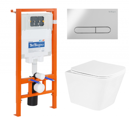 BB3103CHR/SC/BB002-80/BB018-GV-BIANCO Унитаз подвесной с сиденьем BelBagno DUE + Система инсталляции для унитазов с кнопкой смыва BB018-GV-BIANCO Исполнение: Белый 