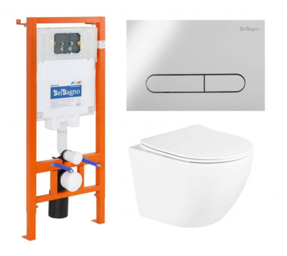 Комплект 3 в 1 Унитаз подвесной с сиденьем BelBagno UNO BB3105CHR/SC + Система инсталляции для унитазов BelBagno BB002-80  с кнопкой смыва BB005-PR-CH