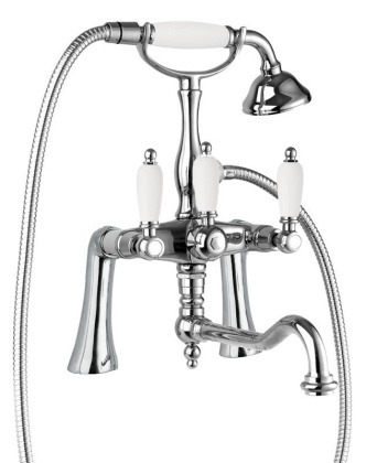 FIRST-PBV2-03/24-Bi Смеситель на борт ванны с повортным изливом и ручным душем Исполнение: Золото 24 карат, Ручки: Белые 