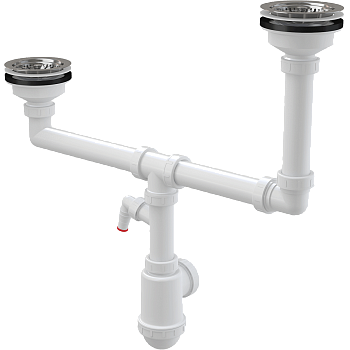 Сифон для сдвоенной мойки с нержавеющими решетками DN115 двухуровневый и штуцером