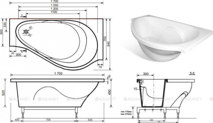 Ванна из искусственного мрамора Эстет Грация R 170x94