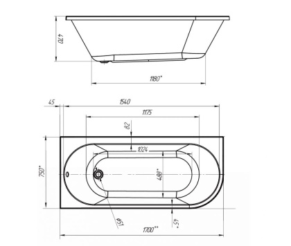 Акриловая ванна 1Marka Alisa 170х75 L 01али1775л Акриловая ванна 1Marka Alisa 170х75 L 01али1775л