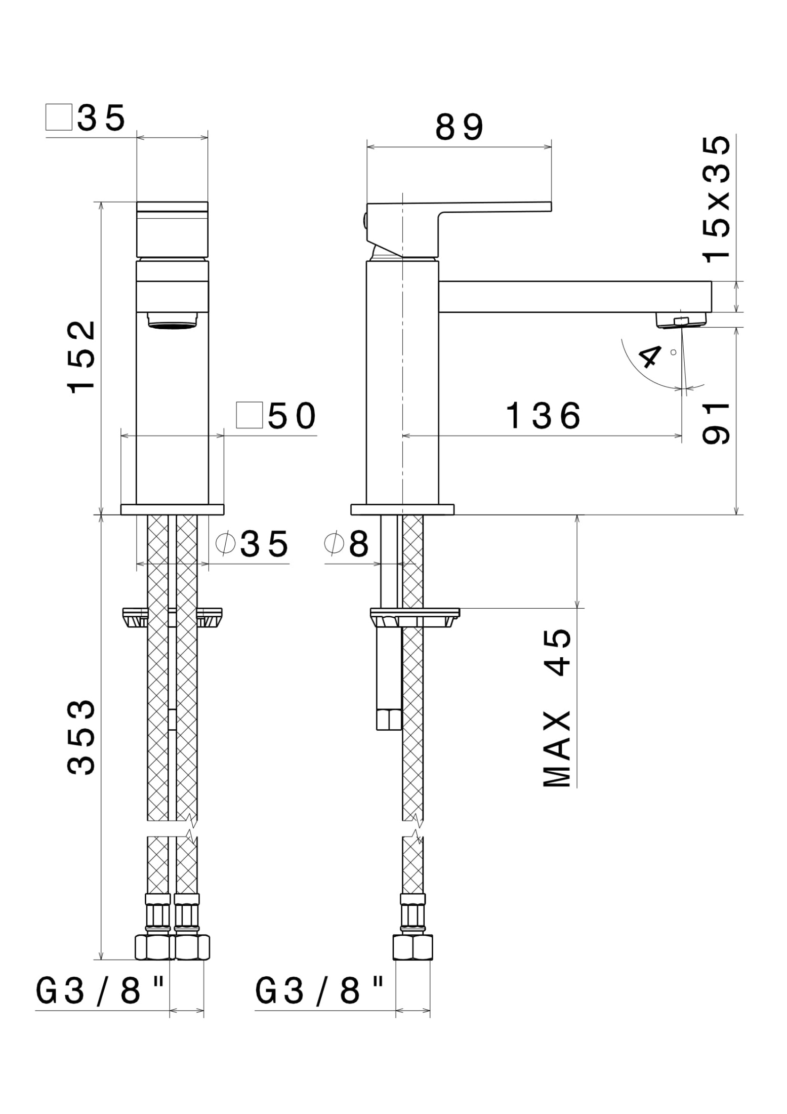 Смеситель для раковины FUTURA однорычажный без донного клапана 3/8, хром Смеситель для раковины FUTURA однорычажный без донного клапана 3/8, хром