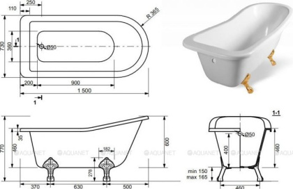 Ванна из искусственного мрамора Эстет Царская 150x73                                                                                           