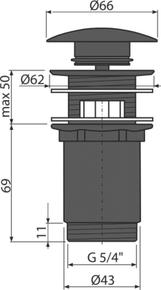 Донный клапан сифона для умывальника CLICK/CLACK 5/4", цельнометаллический с переливом и большой черной заглушкой