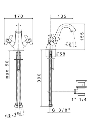 Смеситель для раковины MUSE вентильный с донным клапаном, потертая бронза Смеситель для раковины MUSE вентильный с донным клапаном, потертая бронза