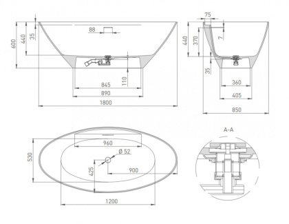 Ванна из искусственного камня Salini S-Sense Diva  178х85,5 глянцевая,102211G Ванна из искусственного камня Salini S-Sense Diva  178х85,5 глянцевая,102211G