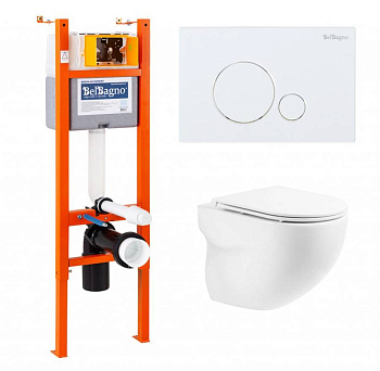 Комплект 4 в 1 Унитаз подвесной BelBagno ONDA BB066CHR с сиденьем BB870SC + Система инсталляции для унитазов BelBagno BB004-40 EXPERT с кнопкой смыва
