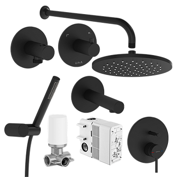 Набор встроенной душевой системы Origin на 3 направления, матовый черный (верхняя лейка, излив, ручной душ, смеситель встроенный внешняя и внутренняя часть)