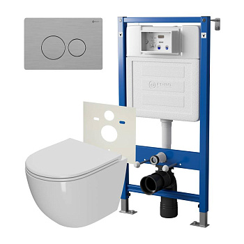 Сет: Система инсталляции Point Элемент для подвесного унитаза PN45120 + Клавиша смыва для инсталляции Point Виктория, нержавеющая сталь, сталь брашированная, PN44061SB + Унитаз подвесной Point Афина безободковый, сиденье микролифт PN41041