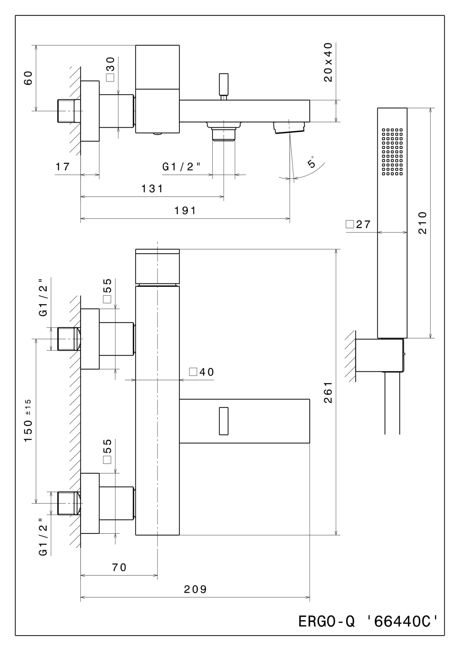 Смеситель для ванны FUTURA настенный с душевой лейкой, хром