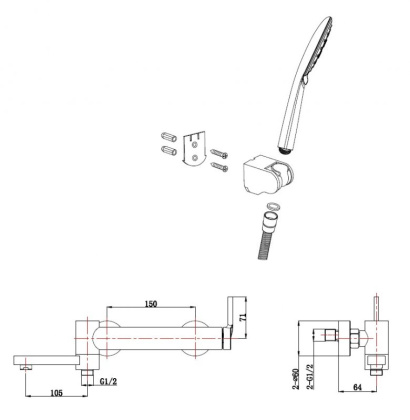 ETN-SET-VDH-IN Смеситель для ванны и душа с поворотным изливом, держателем и ручным душем Исполнение: Сатин 