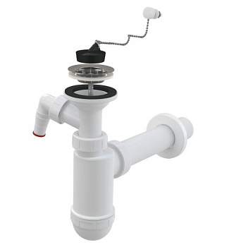 Сифон для умывальника DN40 со штуцером, с нержавеющей peшeткой DN63, с цепочкой