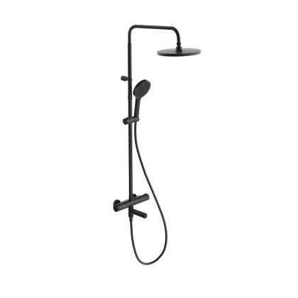 Душевая колонна FONTE на 3 потока с пов.изливом с термостатическим смесителем, черный матовый Душевая колонна FONTE на 3 потока с пов.изливом с термостатическим смесителем, черный матовый