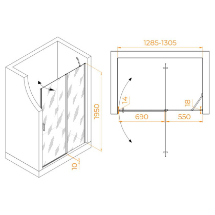 Душевая дверь 130*195 RGW LE-004-B Чёрный/Прозрачное/6 мм