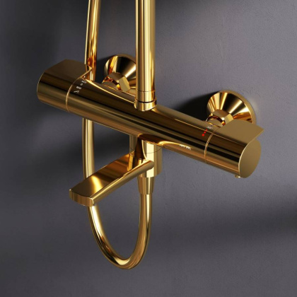 F0785A599 X-Joy, душ.система:  см-ль д/ванны/душа с ТМС, душ.штанга,верх.душ 220мм, руч.душ, золото