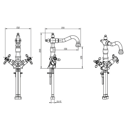Смеситель для умывальника высокий, Camelia золото_Комплект Смеситель для умывальника высокий, Camelia золото_Комплект
