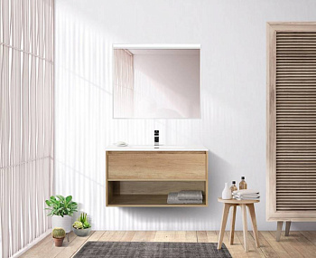 Тумба c раковиной подвесная с одним ящиком и одной открытой полкой BelBagno KRAFT 90 Rovere Nebrasca Nature, раковина белая