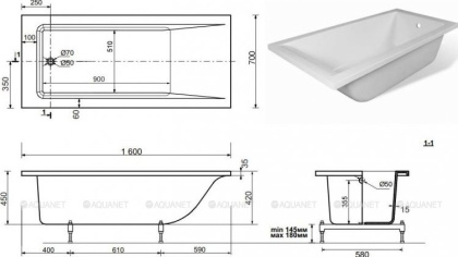 Ванна из искусственного мрамора Эстет Дельта 160x70                                                          
