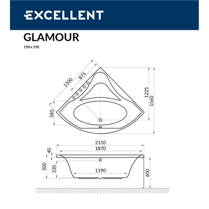 Ванна EXCELLENT Glamour 150x150 "NANO" (хром) Ванна EXCELLENT Glamour 150x150 "NANO" (хром)