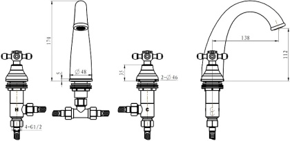 Смеситель для умывальника на 3 отв. ROYAL CRYSTAL black, бронза_Комплект Смеситель для умывальника на 3 отв. ROYAL CRYSTAL black, бронза_Комплект