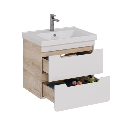 Тумба Lemark OLIVIA 65см под 1 раковину, подвесная, 2 ящика, цвет корпуса: Дуб кантри, цвет фасада: Белый глянец