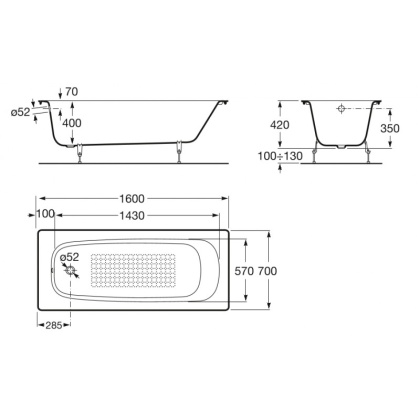 Continental чугунная ванна 160х70 противоскользящее покрытие, без ручек