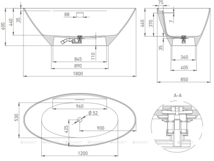 Ванна из искусственного камня S-Stone Salini Diva 180x85 см матовая ,102221M Ванна из искусственного камня S-Stone Salini Diva 180x85 см матовая ,102221M