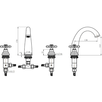 Смеситель для раковины на 3 отв.  ROYAL CRYSTAL Black, хром_Комплект Смеситель для раковины на 3 отв.  ROYAL CRYSTAL Black, хром_Комплект