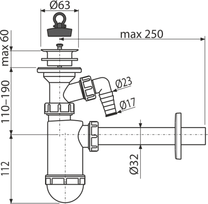 Сифон для умывальника DN32 со штуцером и пластмассовой peшeткой DN63