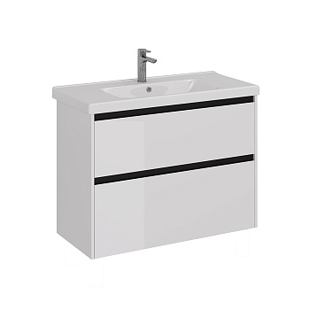 Тумба Lemark COMBI 100см под 1 раковину, подвесная/напольная, 2 ящика, цвет планки: Чёрный, цвет корпуса, фасада: Белый глянец