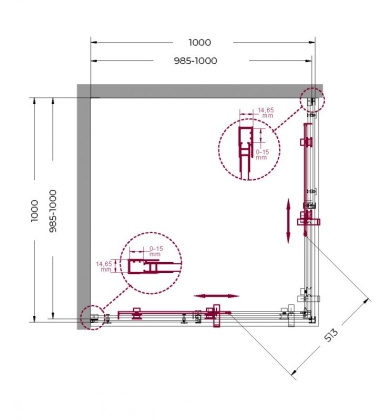 MARINO-A-2-100-C-NERO Душевой уголок, Условный размер, мм:1000x1000x1950 Габариты с диапазоном регулировок, мм:(985-1000)х(985-1000)x1950 