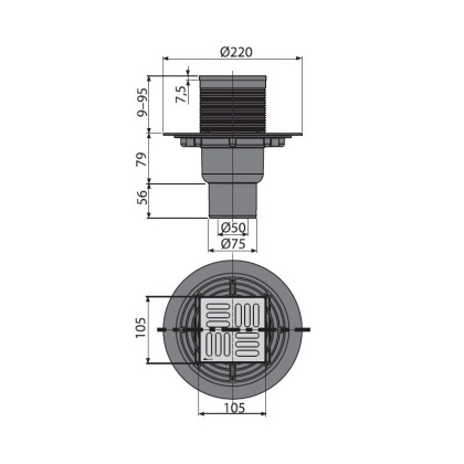 Сливной трап 105×105/50/75 мм прямой сток, решетка из нержавеющей стали, гидрозатвор мокрый