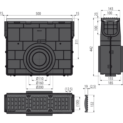 Пескоуловитель для дренажного канала AVZ103 с металлической рамой и чугунной решеткой C250