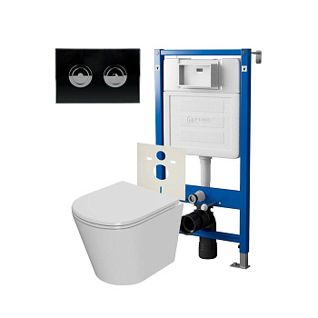 Сет: Система инсталляции пневматическая Point Элемент П для подвесного унитаза PN45121 + Клавиша смыва для пневматической инсталляции Point Венера, установка в стену, черный/хром, PN44071BC + Унитаз подвесной Point Виктория безободковый, сиденье микролифт