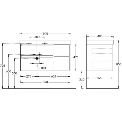 Тумба CUBO левая подвесная с ящиками 90, мальва матовая-древесная Тумба CUBO левая подвесная с ящиками 90, мальва матовая-древесная