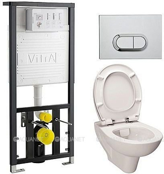 Унитаз подвесной КОМПЛЕКТ Vitra S20 безободкоковый с инсталляцией, кнопкой, сиденьем м/лифт