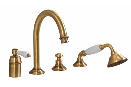 APHRODITE-BVDM-03/24-Bi Смеситель на борт ванны однорычажный с выдвижным душем и переключателем, исполнение золото 24 карат, ручки белые