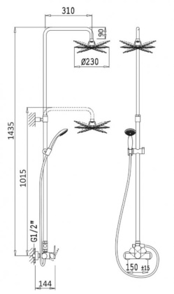 CZR-B-CDA-01 Душевая стойка телескопическая со смесителем, с верхним и ручным душем, верхний душ диаметр 230 мм из ABC Исполнение: Хром  CZR-B-CDA-01 Душевая стойка телескопическая со смесителем, с верхним и ручным душем, верхний душ диаметр 230 мм из ABC Исполнение: Хром