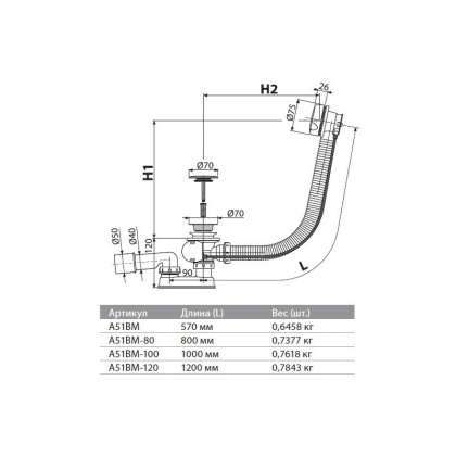 Сифон для ванны автомат комплект, белый