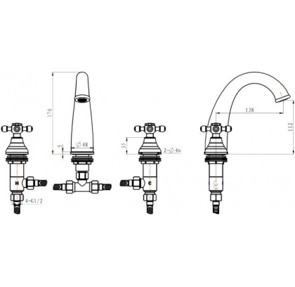 Смеситель для раковины на 3 отверстия ROYAL CRYSTAL BLACK, золото_Комплект Смеситель для раковины на 3 отверстия ROYAL CRYSTAL BLACK, золото_Комплект