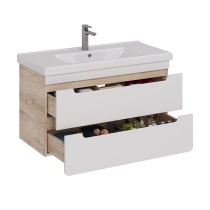 Тумба Lemark OLIVIA 100см под 1 раковину, подвесная, 2 ящика, цвет корпуса: Дуб кантри, цвет фасада: Белый глянец