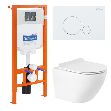Комплект 4 в 1 Унитаз подвесной BelBagno SFERA-R BB046CHR с сиденьем BB2111SC + Система инсталляции для унитазов BelBagno BB002-80 с кнопкой смыва BB0