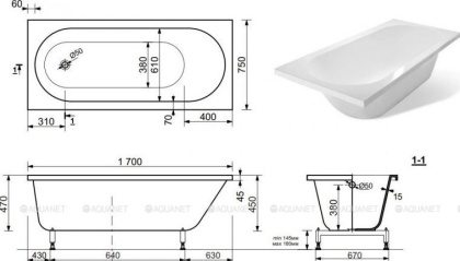 Ванна из искусственного мрамора Эстет Честер 170x75                                                 