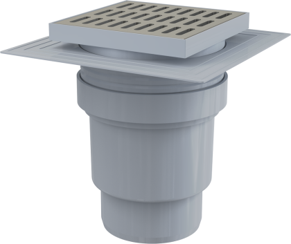 Сливной трап 150×150/110 мм прямой сток, решетка из нержавеющей стали, воротник изоляции 2–го уровня, гидрозатвор мокрый