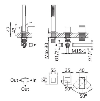 PORTA-BVDM3-SR Смеситель на борт ванны с выдвижным душем и переключателем, исполнение sunrise