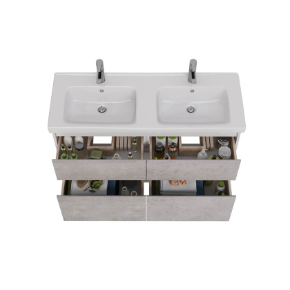 Тумба Lemark COMBI 125см под 2 раковины, подвесная/напольная,4 ящика, цвет фасада: Бетон, цвет корпуса: Белый глянец